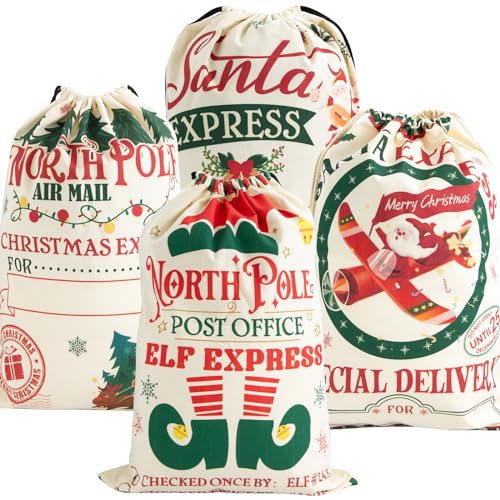 4-Pack Large Christmas Canvas Gift Bags with Drawstring P4483