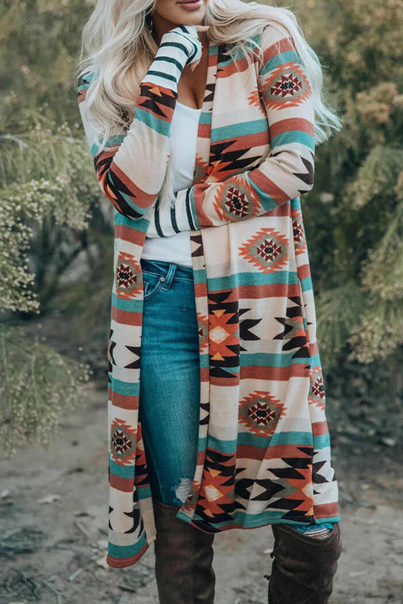 Geometric Print Contrast Cardigan Collar Outerwear W5840