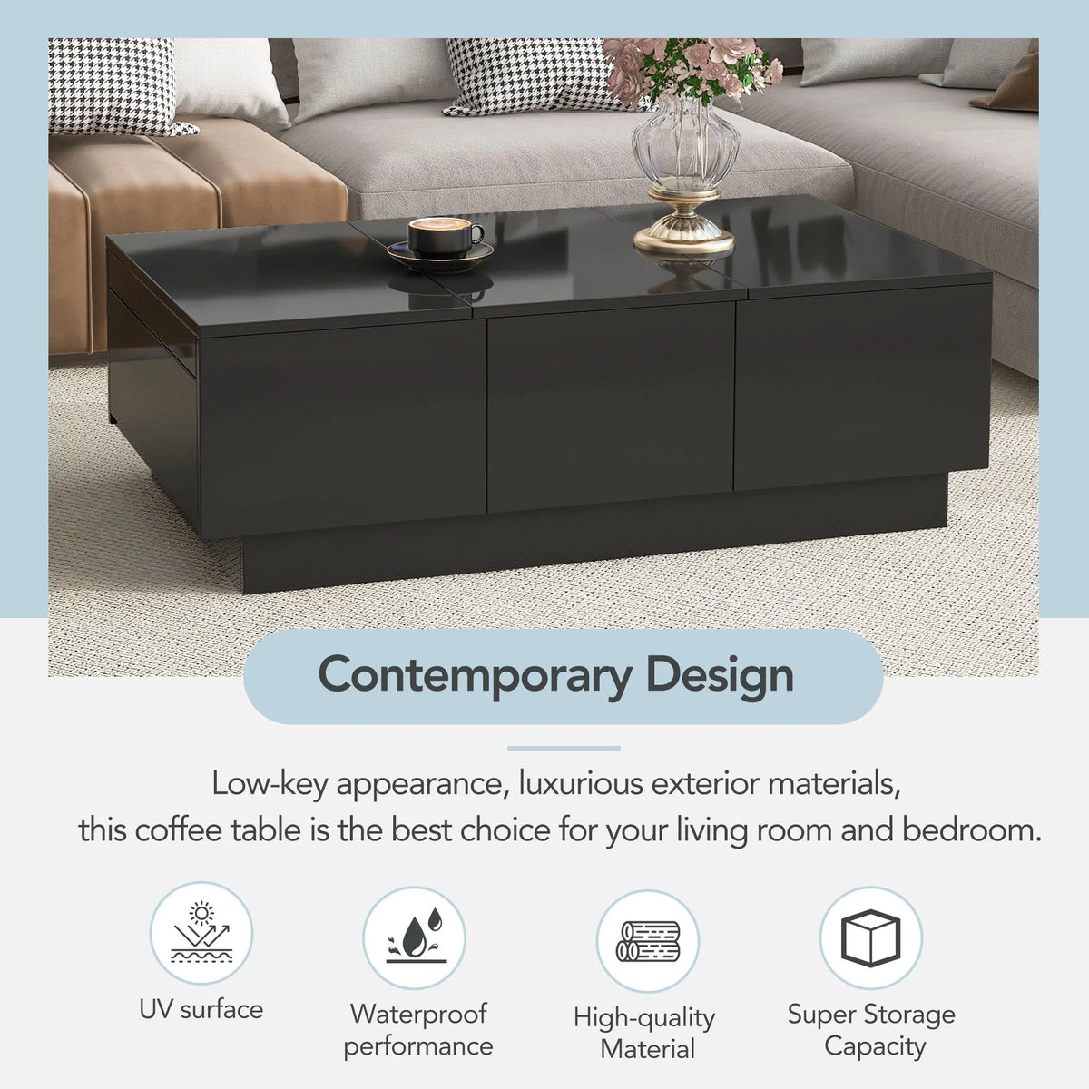 Black Extendable Coffee Table with 2 Drawers C3676