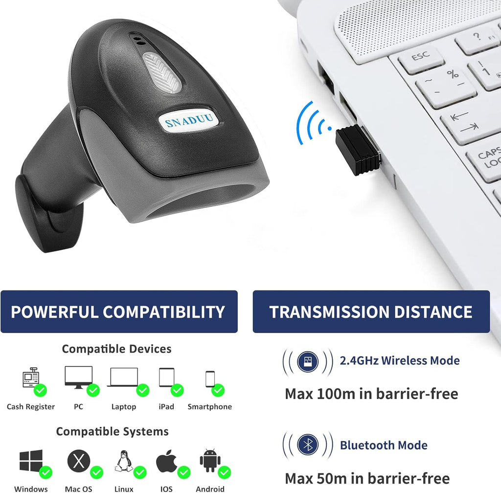 Bluetooth Barcode Scanner 2D QR Code, Handheld Barcode Reader Automatic Scan 1D PDF417 Datamatrix M6622