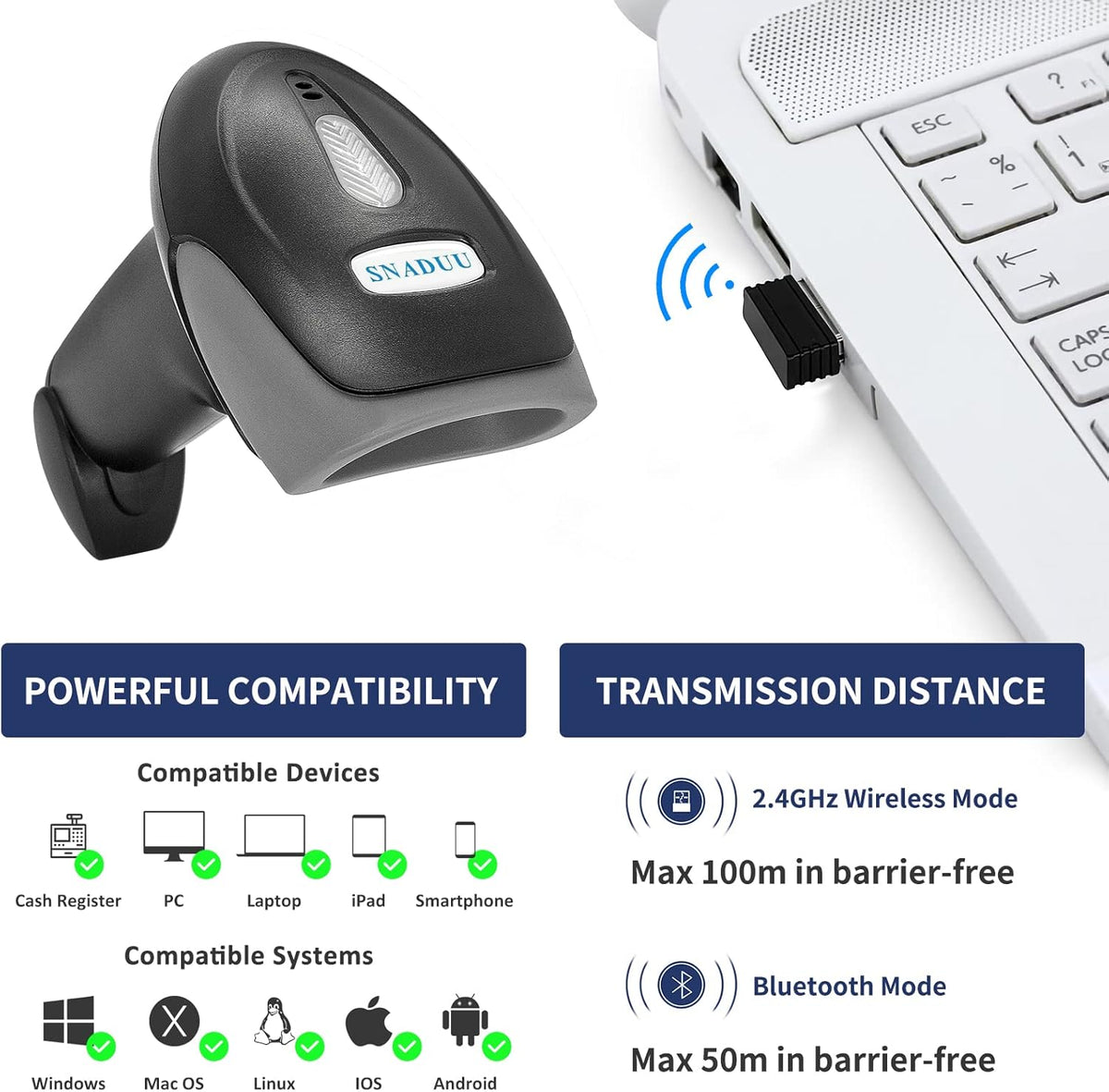 Bluetooth Barcode Scanner 2D QR Code, Handheld Barcode Reader Automatic Scan 1D PDF417 Datamatrix M6622
