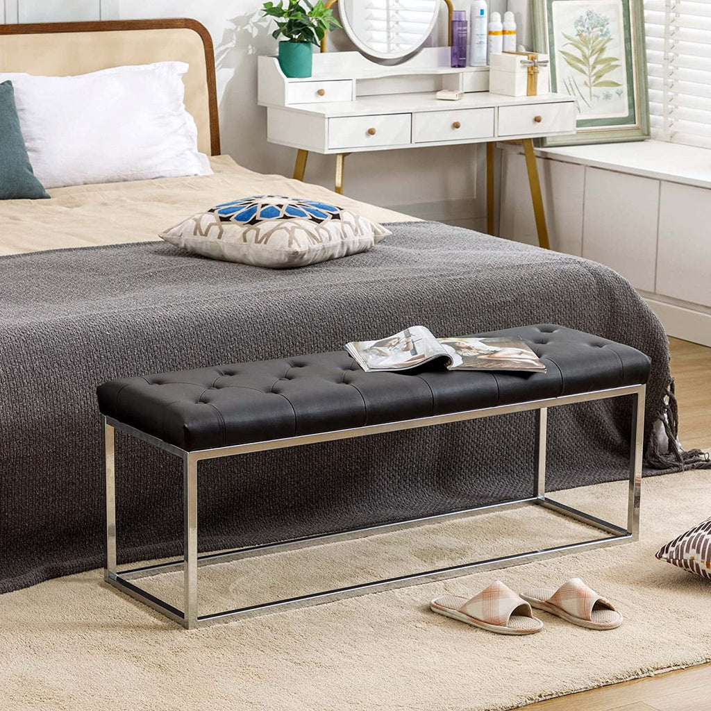 Black Tufted Leather Upholstered Bench with Metal Base T4636