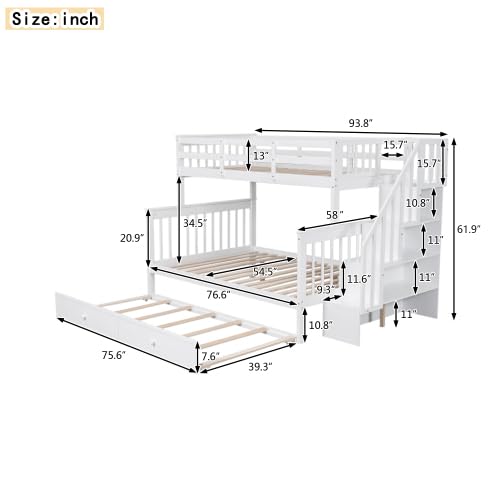 White Wood Twin Over Full Bunk Bed with Trundle and Stairs N676284