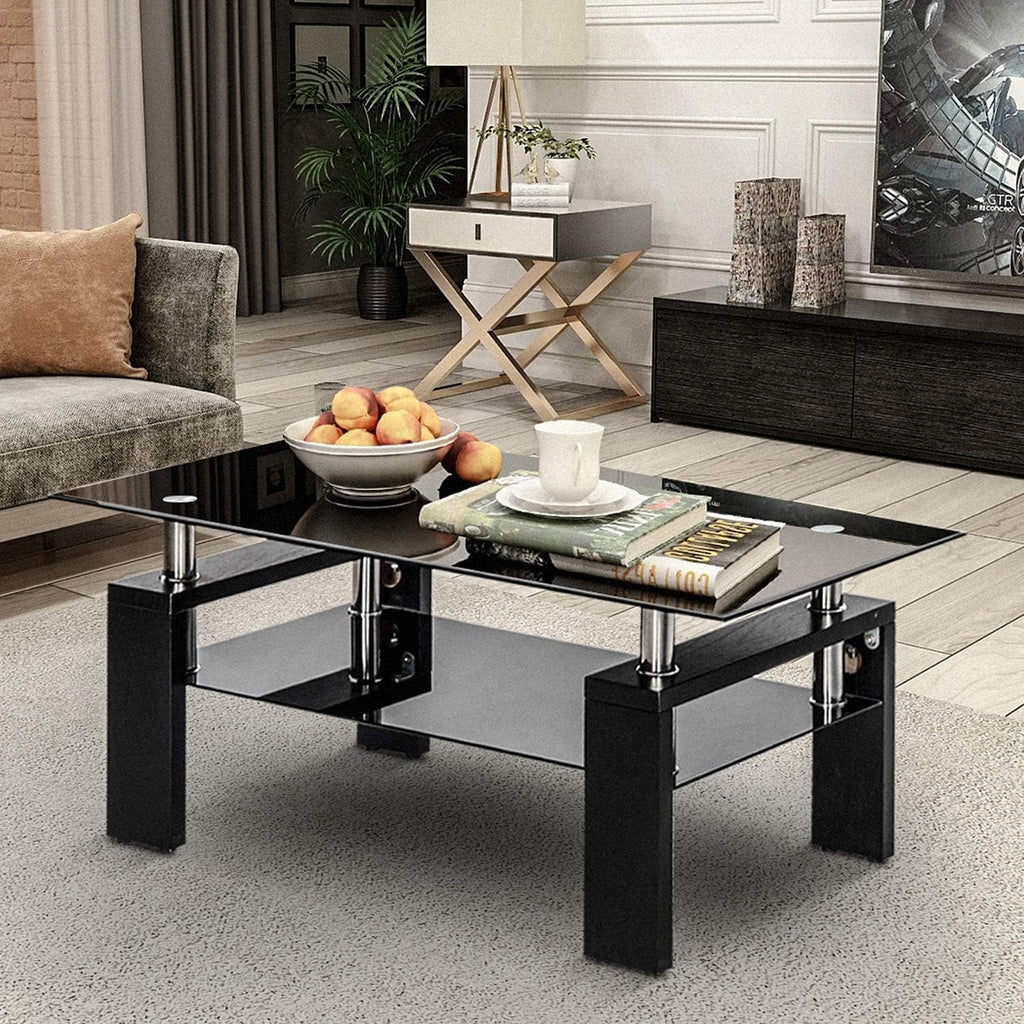 Black Rectangle Glass Coffee Table with Shelf and Wooden Legs T631