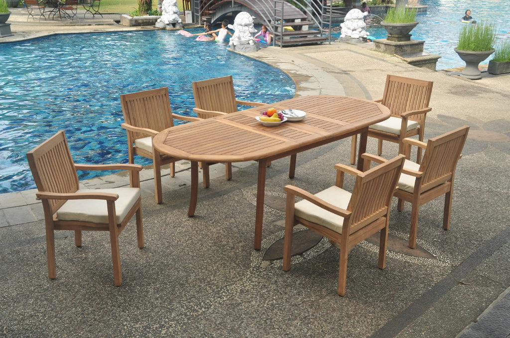 Grade-A Teak 7 Pc Dining Set with 94" Oval Table and 6 Stacking Arm Chairs H50506