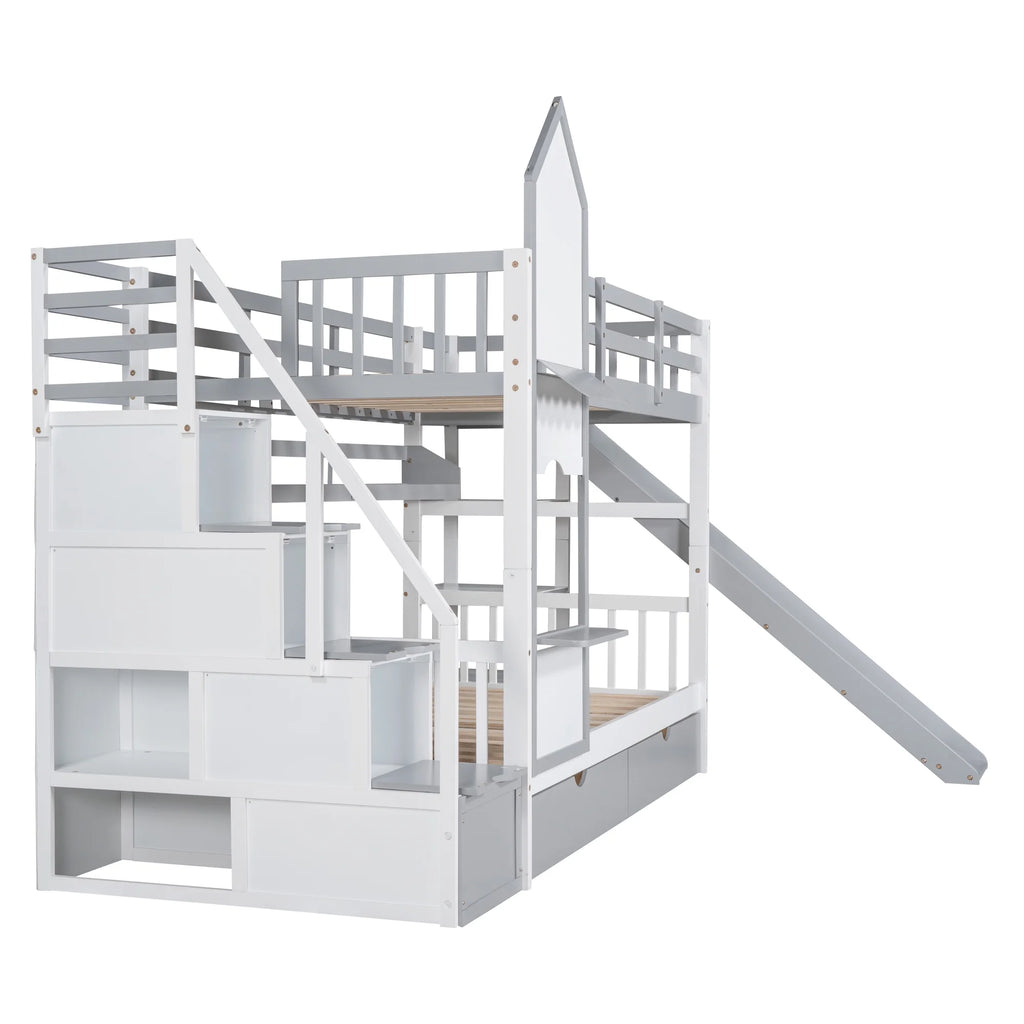 Twin Over Twin Bunk Bed with 2 Drawers and Slide, Gray N9162