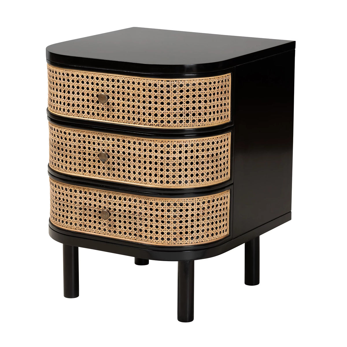 Black Wood and Rattan 3-Drawer End Table Nightstand I731