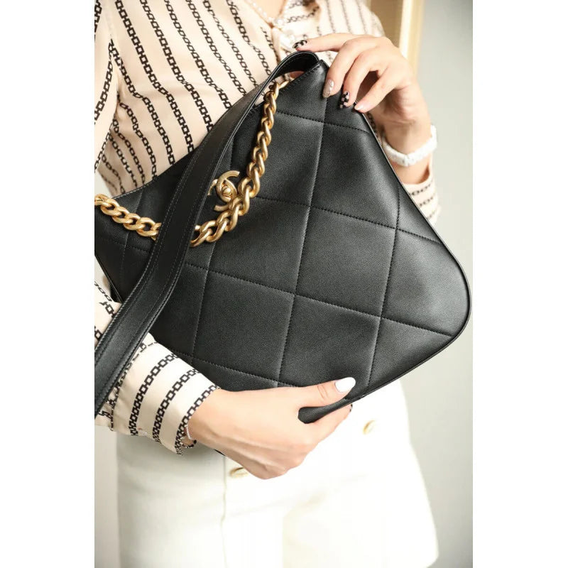 Black Calfskin Hobo Handbag B7540