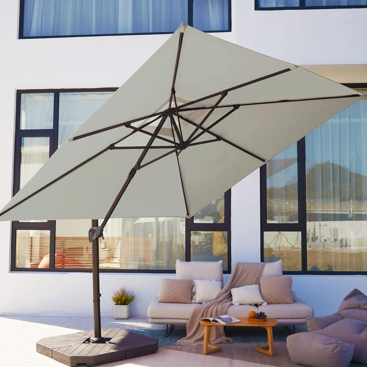 Beige 9x9 FT Square Cantilever Patio Umbrella with Aluminum Frame B474719
