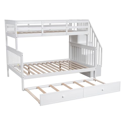 White Wood Twin Over Full Bunk Bed with Trundle and Stairs N676284