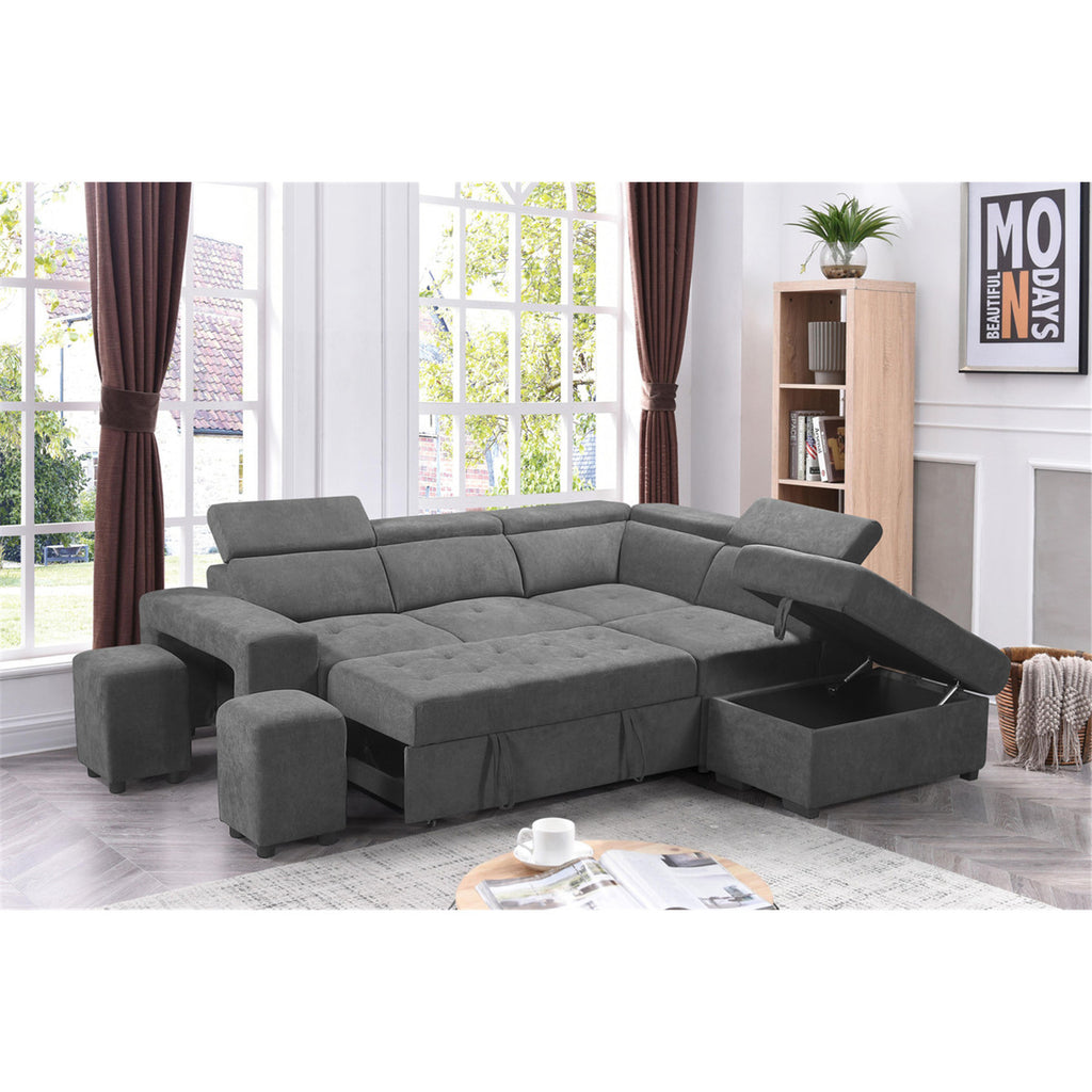 Light Gray Sleeper Sectional Sofa with Storage Ottoman and 2 Stools Y6250